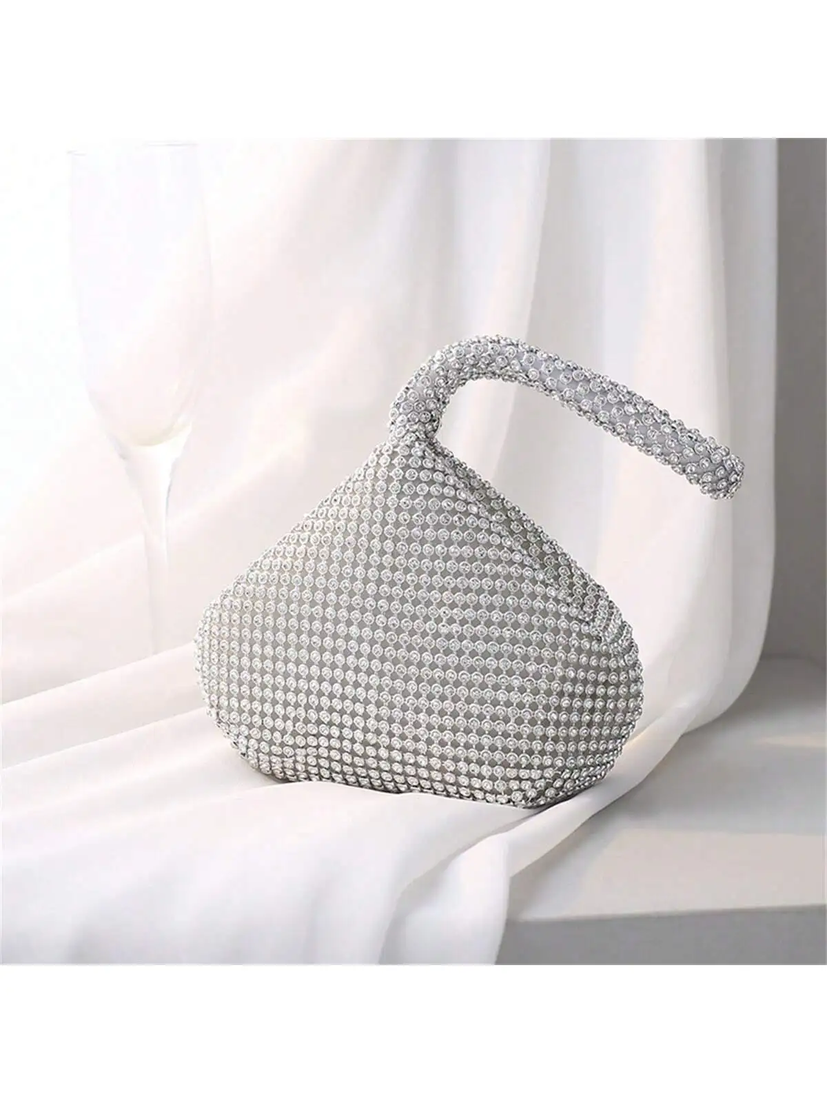 Silver Evening Bag Tote Handbag Pure Handmade Rhinestone Evening Bag Clutch Ladies Banquet Bag