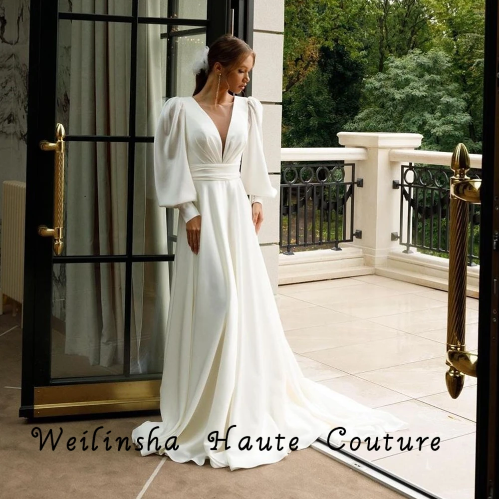 Weilinsha Full Sleeve V Neck Wedding Dresses with Jersey 2022 Ivory Sashes Cap  Charming Bridal Gowns Robe De Mariée 2023