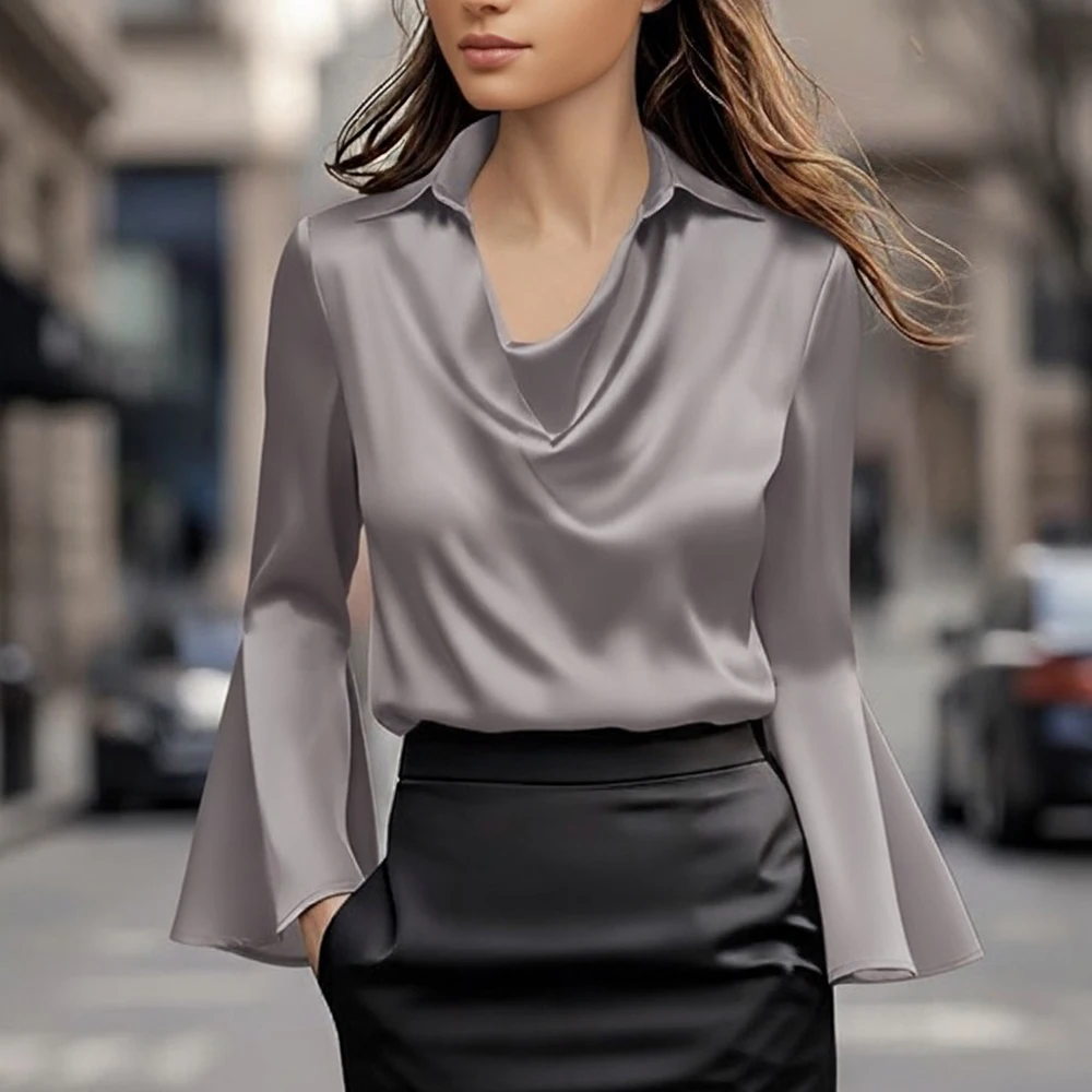 Abito a camicia primaverile Colletto alto autunnale Stile regolare Top da donna casual Design semplice ed elegante alla moda