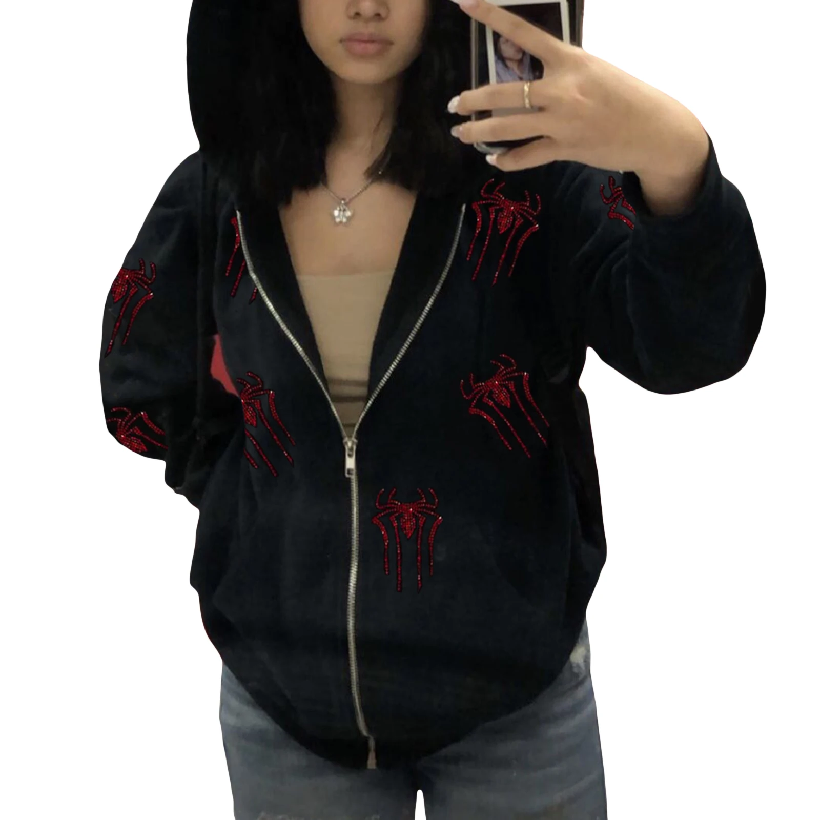 

Women Men Dark Academia GothicCoat Rhinestones Skull/Spider Print Long Sleeve Hooded Jacket with Zipper Autumn y2K Clothing