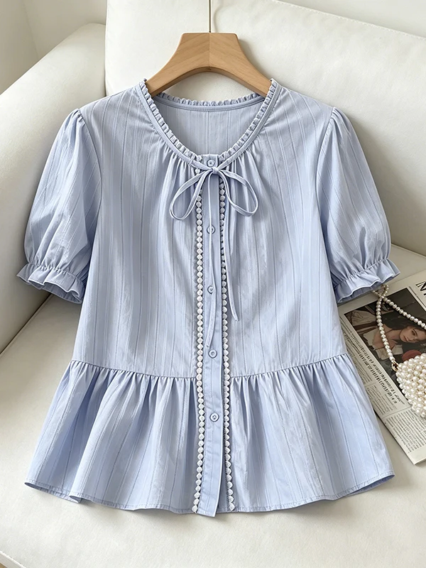 

plus Size Bubble Sleeve Short Sleeve Base Shirt Women Summer Slimming Belly Cover Design Lace Flower Top Korean Style Co...