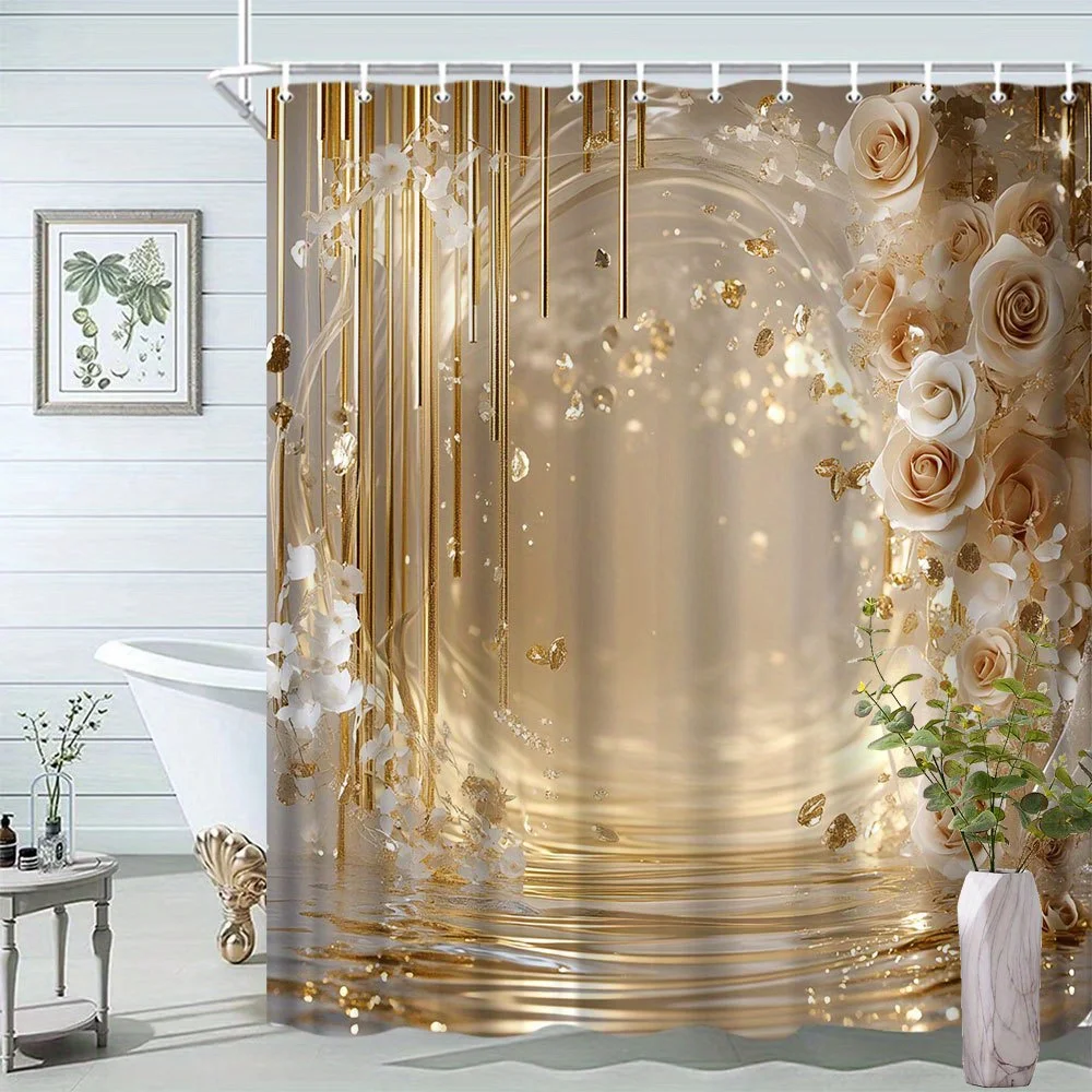Gold Rose Shower Curtain Elegant Floral Design Luxury Bathroom Decor 3D Print Waterproof Bath Curtain Home Fashion - view 4