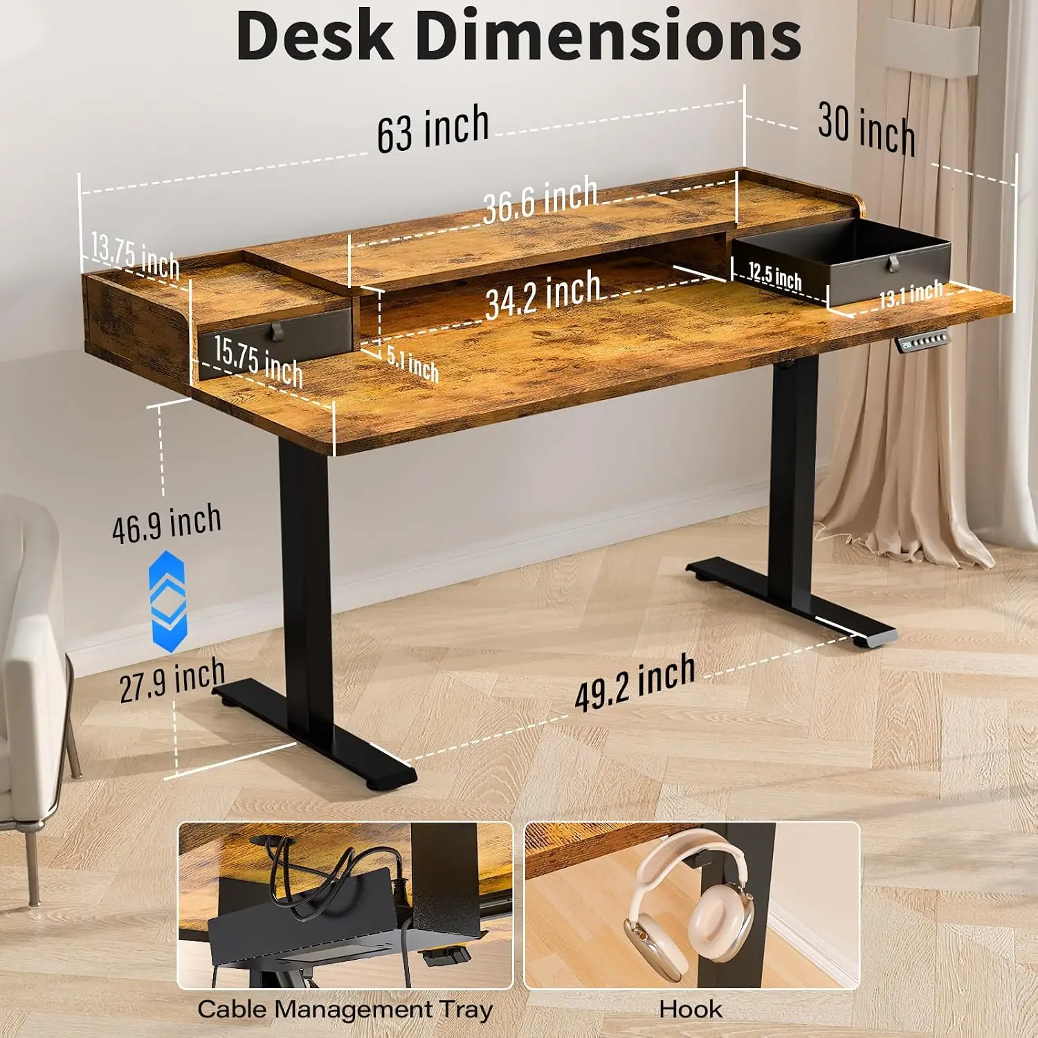 Electric Height Adjustable Desk Rustic Brown Sit Stand Dual Drawer Workstation Home Office USB Charging Ports Heavy Duty Large 6