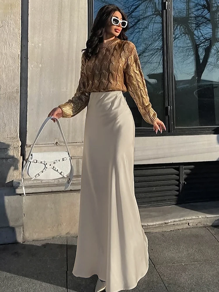 Mumaroho 2024 Autumn Winter Women Sexy Maxi Satin Trumpet Skirts High Waist Flare Long Skirt For Women