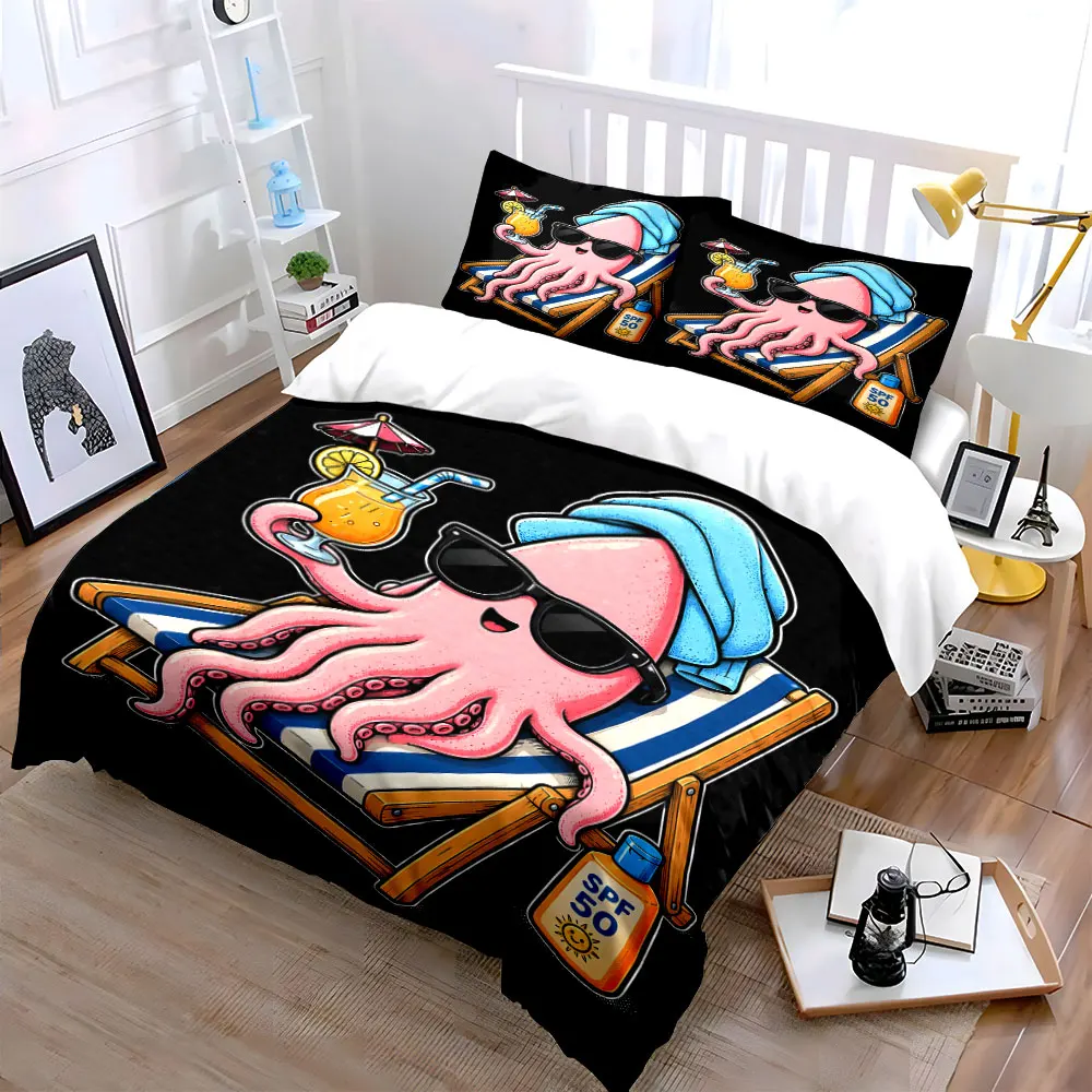 Relaxed octopus lounging with drink Print Bedding Set 1 Duvet Cover 2 Pillowcases for Adult and Children Luxury Gift Full Size