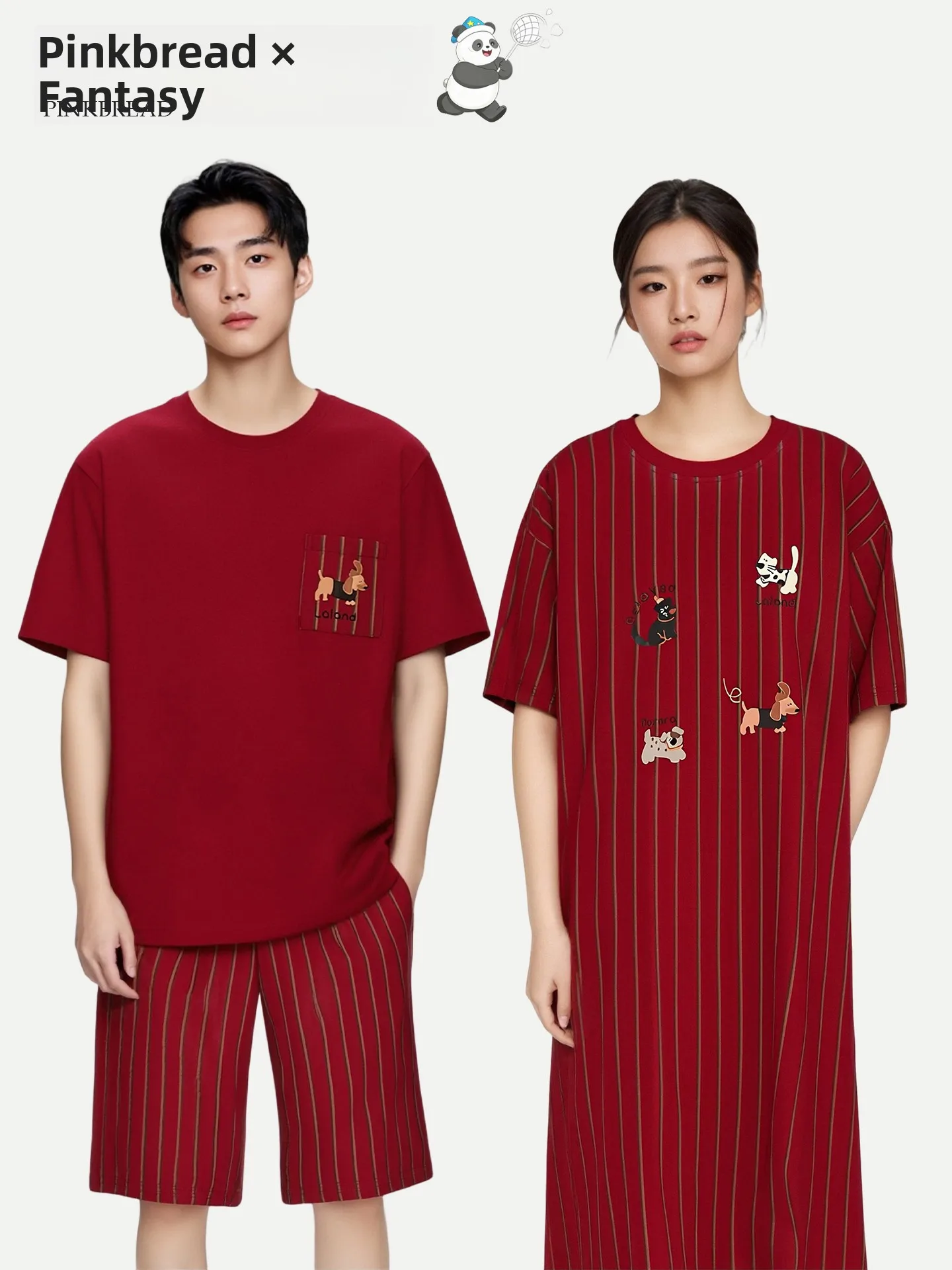 PinkBread Couples Sleepwear Pure Cotton Short Sleeve Home Clothes Suitable for Outdoor Spring Summer Red Dachshund Design