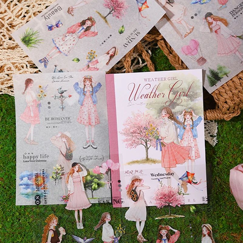 

Mr Paper 200pcs/bag Weather Girl Series Aquascape Die-cut Sticker Book Handbook Material DIY Scrapbook Photo Frame Card Diary