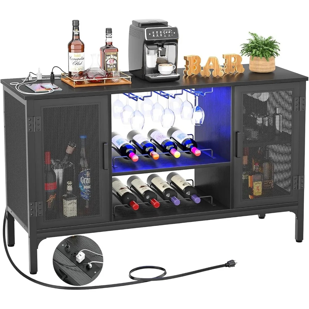 

Wine Bar Cabinet with Led Lights and Power Outlets, Industrial Coffee Bar Cabinet for Liquor and Glasses, Farmhouse Bar Cabinet