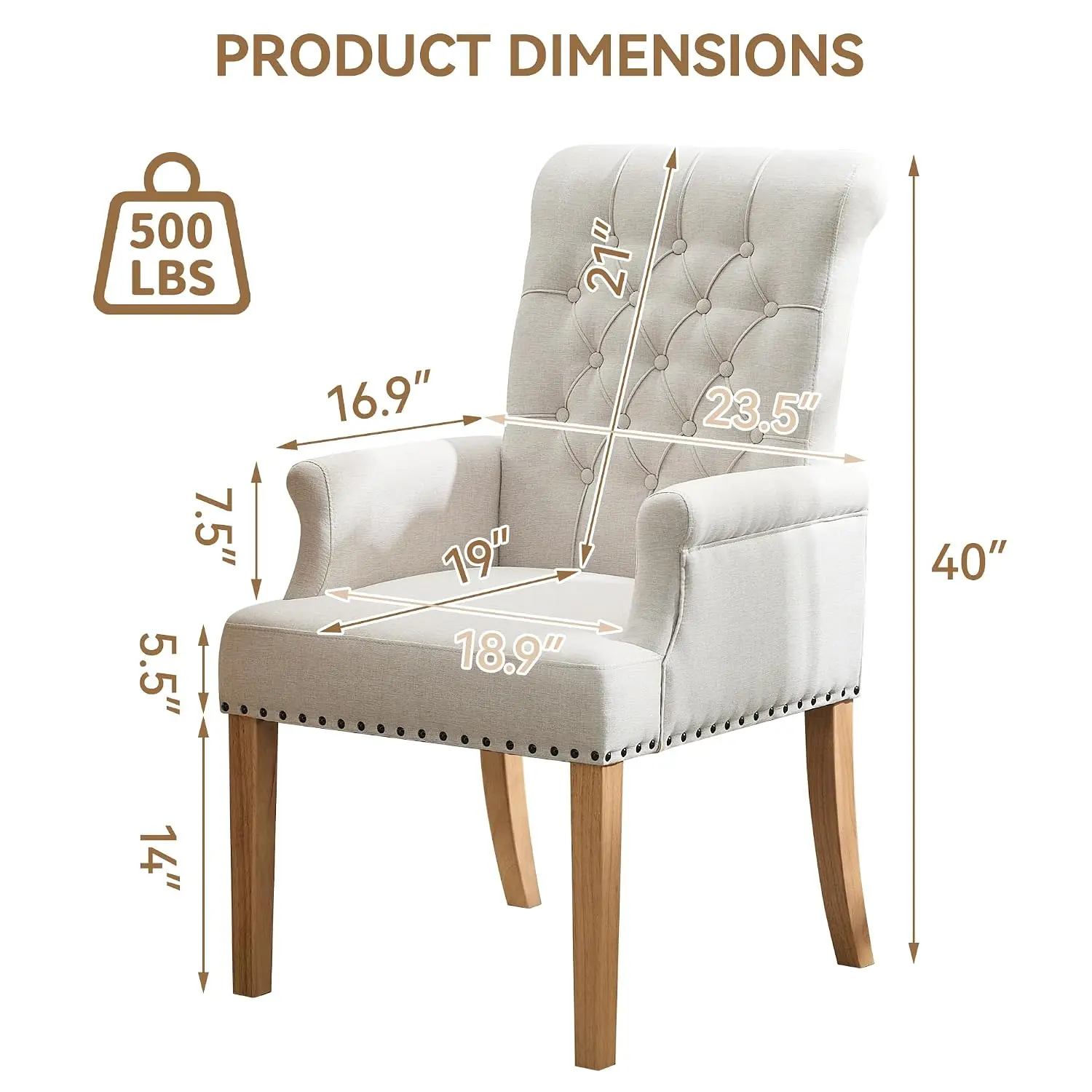 Fabric Dining Chair with Arms, Tufted High Back Accent Armchair, Wood Leg & Nailhead Trim, Kitchen Living Room, Beige, Customize