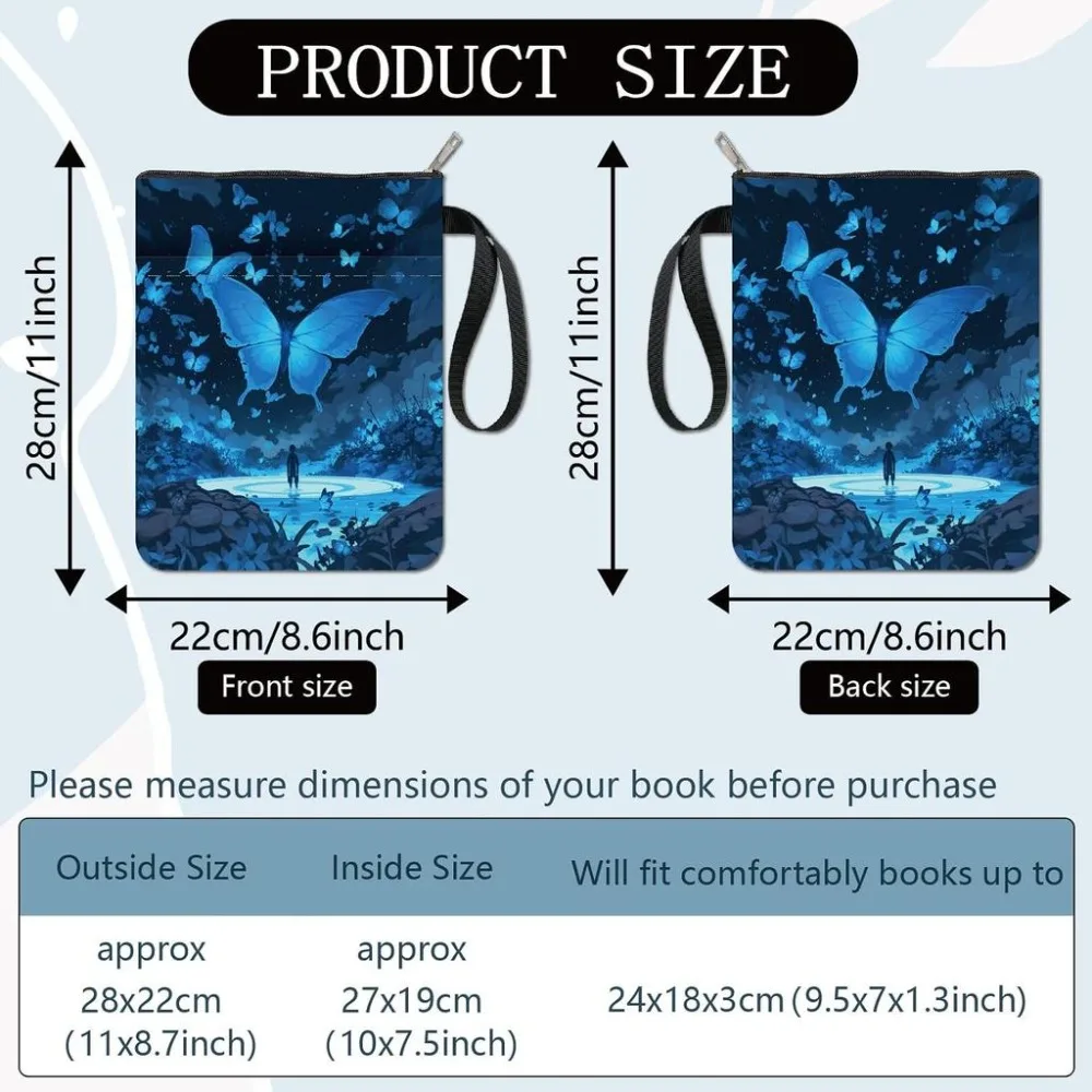 Butterfly Book Sleeve Blue Book Covers Book Protector for Paperbacks Washable Fabric Cloth Book Cover with Zipper and Extra