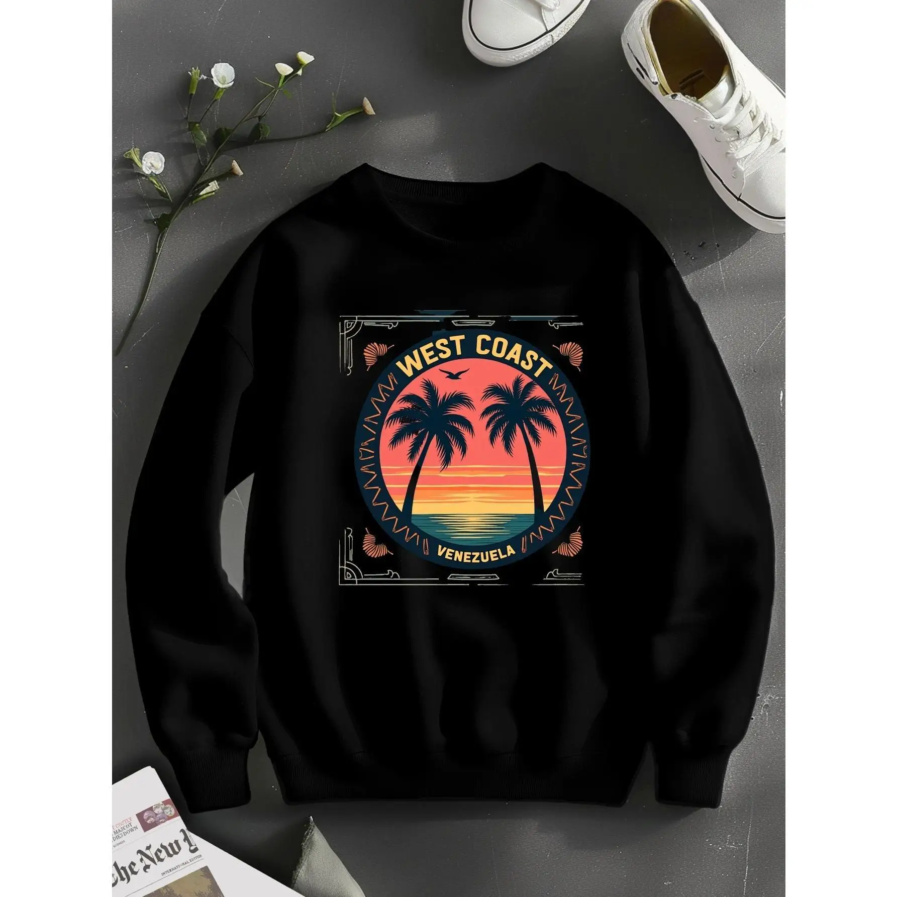 

Women Men West Coast Venezuela Sweatshirt Tropical Beach Vacation Pullover Retro Sunset Palm Tree Graphic Top
