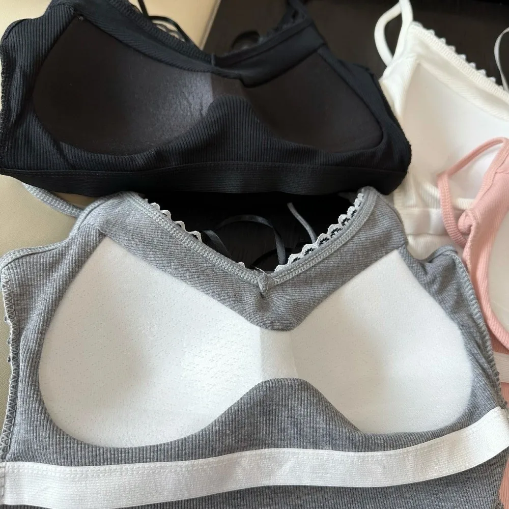 

Ins Style Sleeveless Slim Lace Crop Top Solid Color Y2k Girl's Vest Top Bottoming Shirt Sweet Camisole with Pads Summer