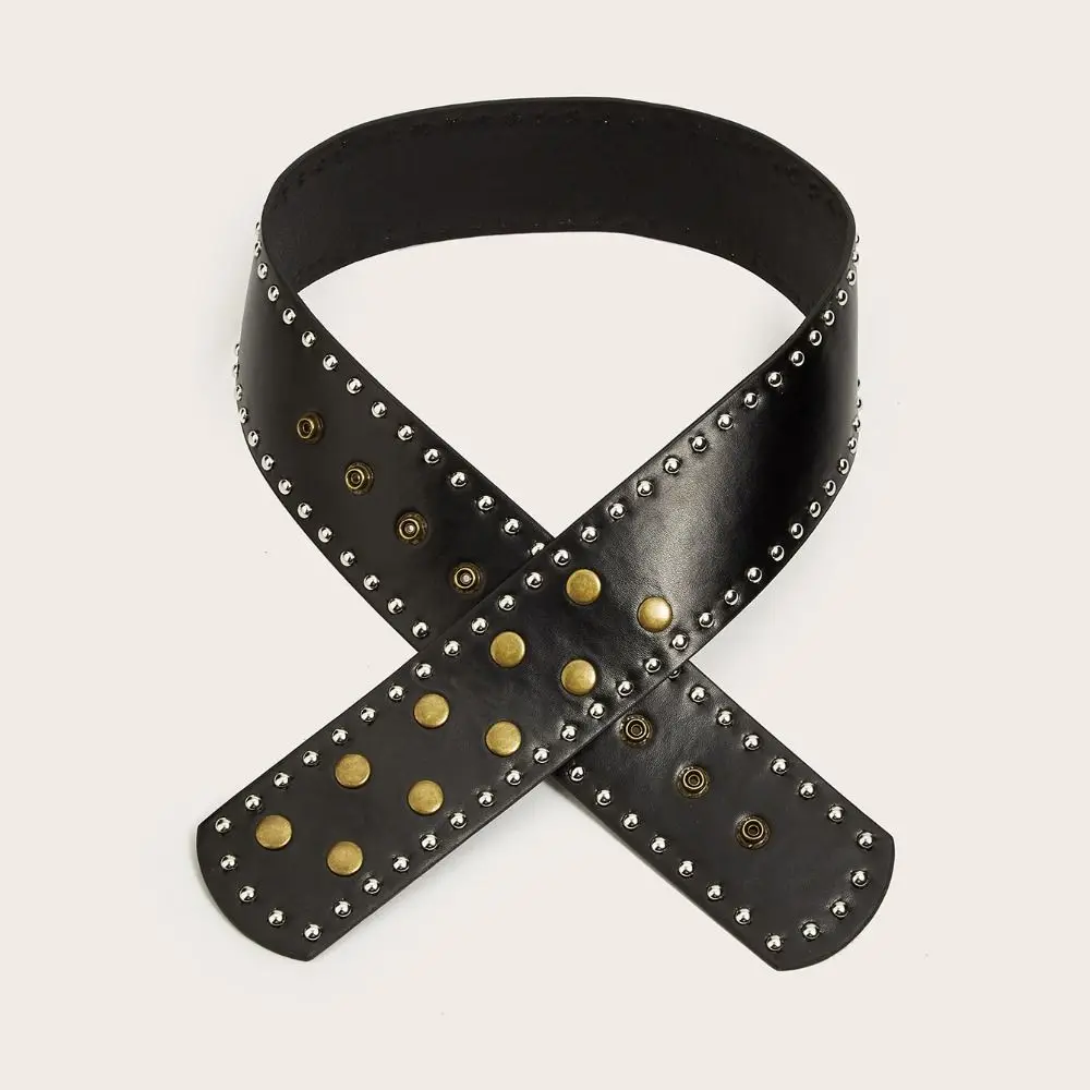 Gothic Wide Waist Belt Metal Studded Hollow Circle Eyelet Waistband for Women No Buckle Rivet Faux Leather Belt For Party Outfit
