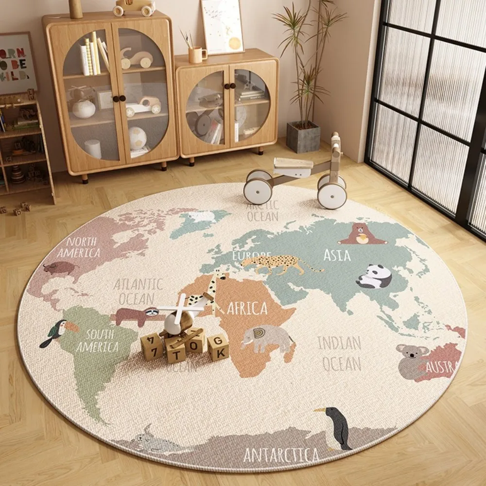VIKAMA Cartoon World Map Carpet Round Scandinavian Style Non Slip Wear Resistant Easy To Clean Decorative Carpet Home Decoration