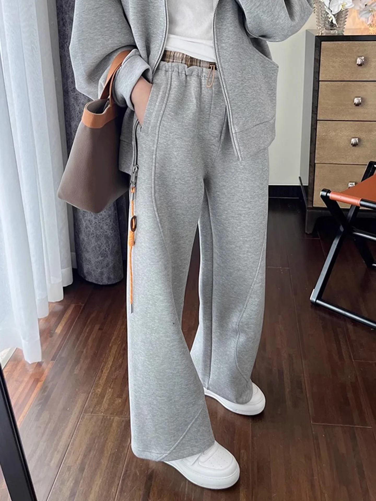 Autumn New Sweatshirt Cotton Blended Casual Stand Cut Stitching Slimming Loose Wide Leg Casual Pants Women