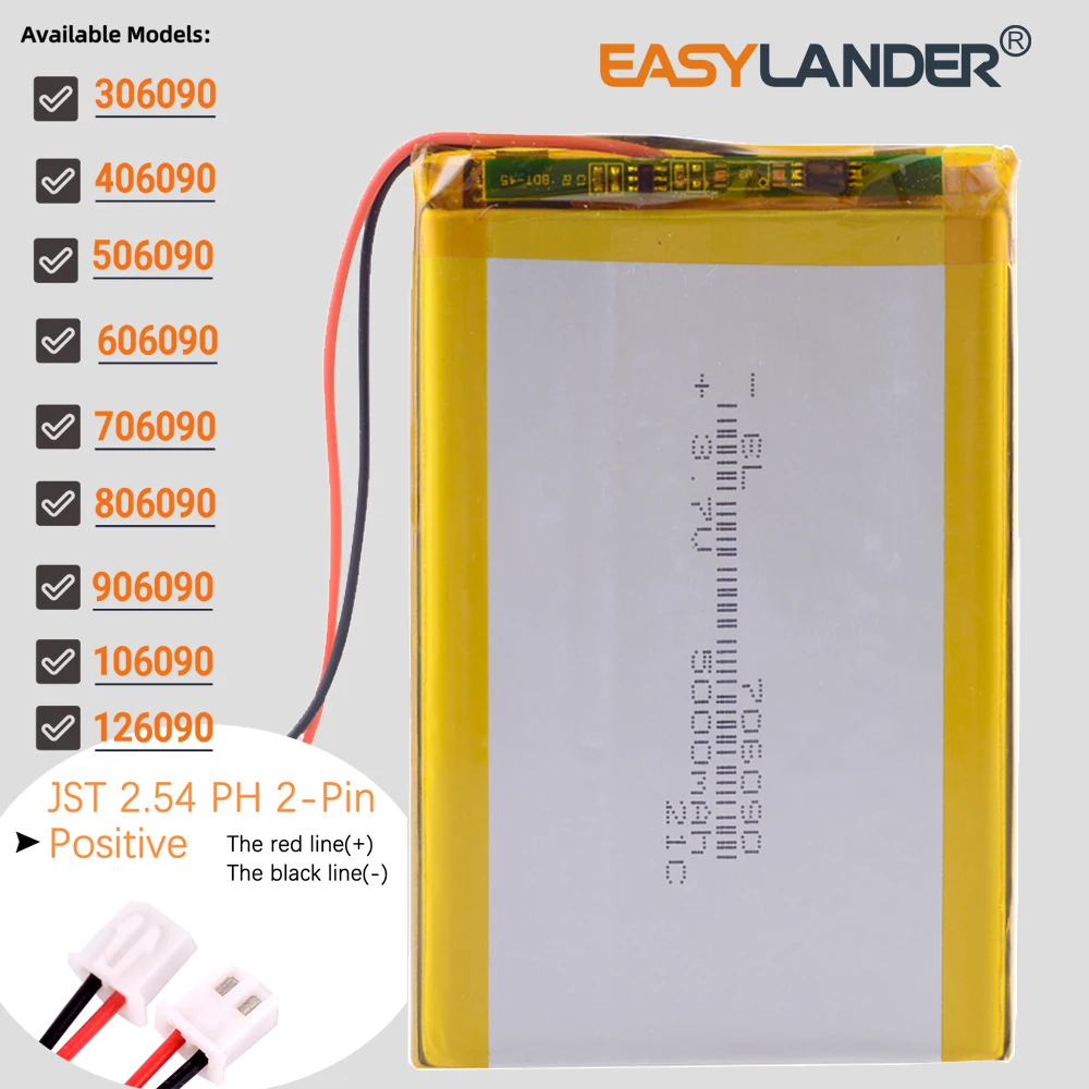JST XH 2.54 2Pin 3.7V 6000mAh 906090 Lithium Li-ion Lipo Polymer Battery 306090 406090 506090 606090 706090 806090 106090 126090