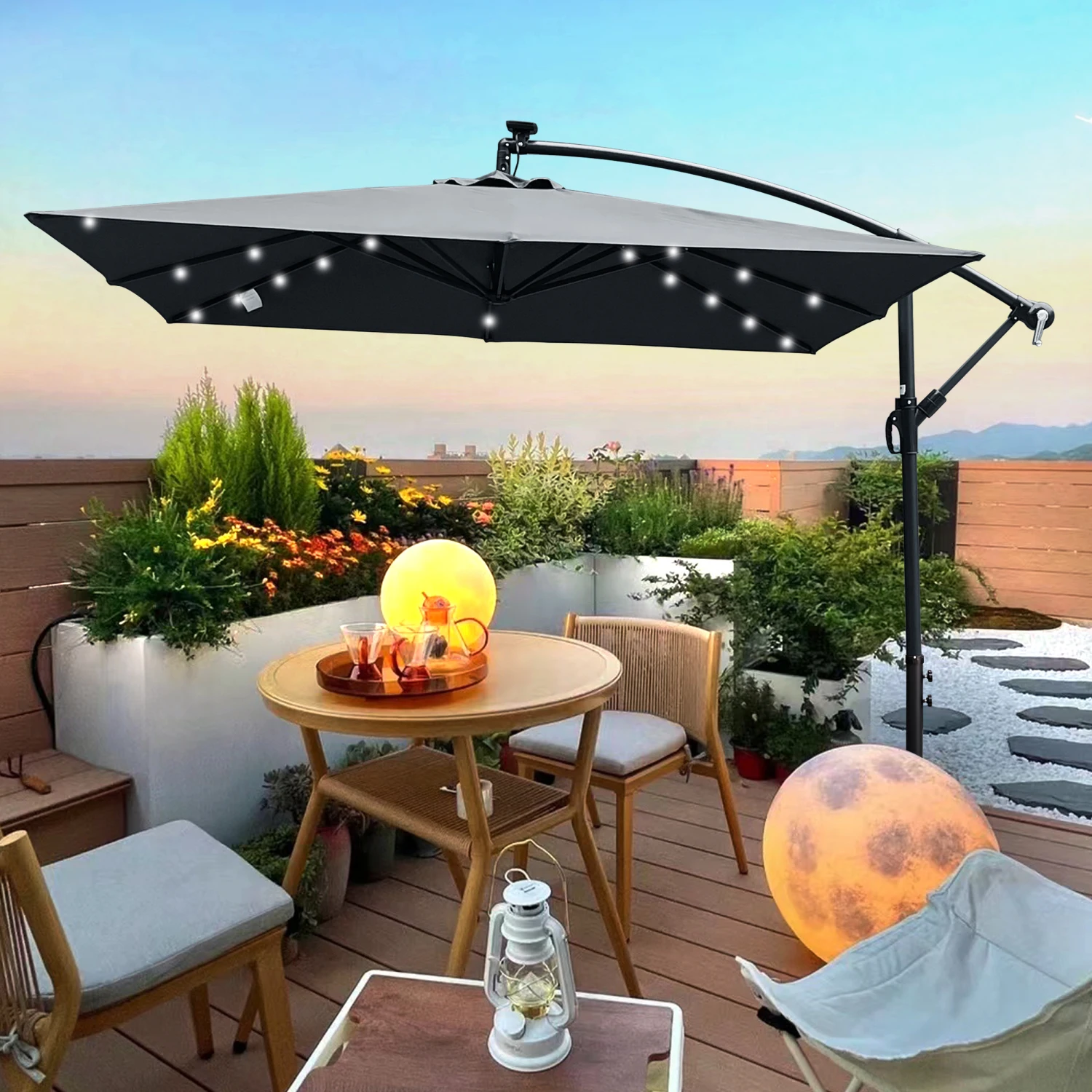 Square 2.5X2.5M Outdoor Patio Umbrella Solar Powered LED Lighted Sun Shade Market Waterproof 8 Ribs Umbrella with Crank and Cros