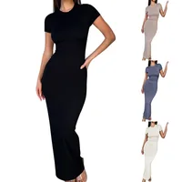 Sexy Skinny Women's Bodycon Party Dress Fashion O-neck Short Sleeve Solid Color Wraped Hip Package Long Dress Female Sexy Dress - Image 6