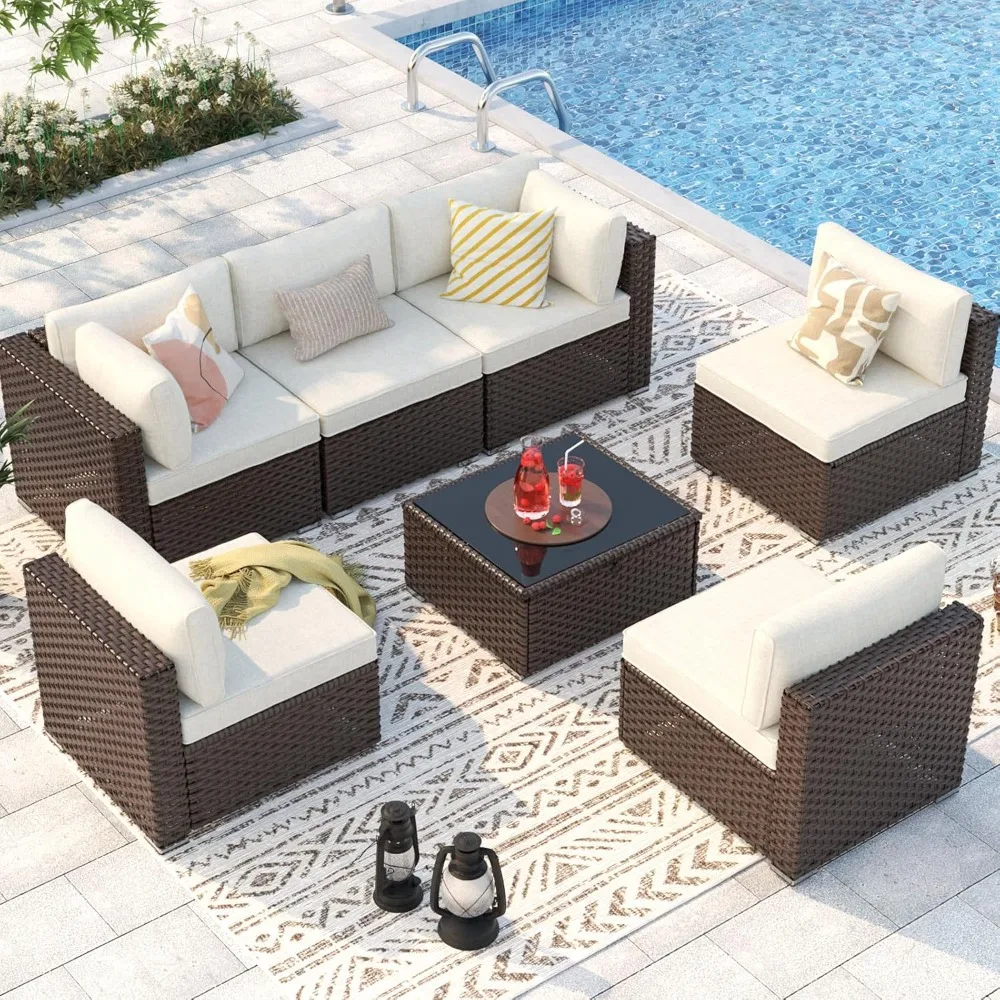 7 Pieces Patio Conversation Sets, Modern Rattan Wicker Outdoor Sectional Sofa Set, All-Weather Wicker Patio Furniture Set