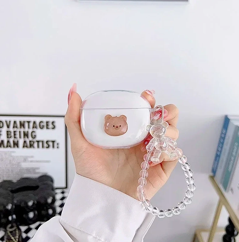 حافظة لبراعم Realme T100 لطيف الدب اللؤلؤ قلادة سماعة غطاء شفاف سيليكون غطاء Fudnas ل Realme T100
