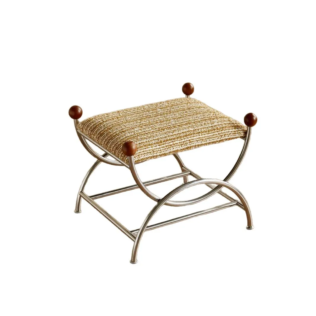 French vintage stainless steel shoe-changing stool, linen seat cushion, home bedroom living room stool, entryway bench