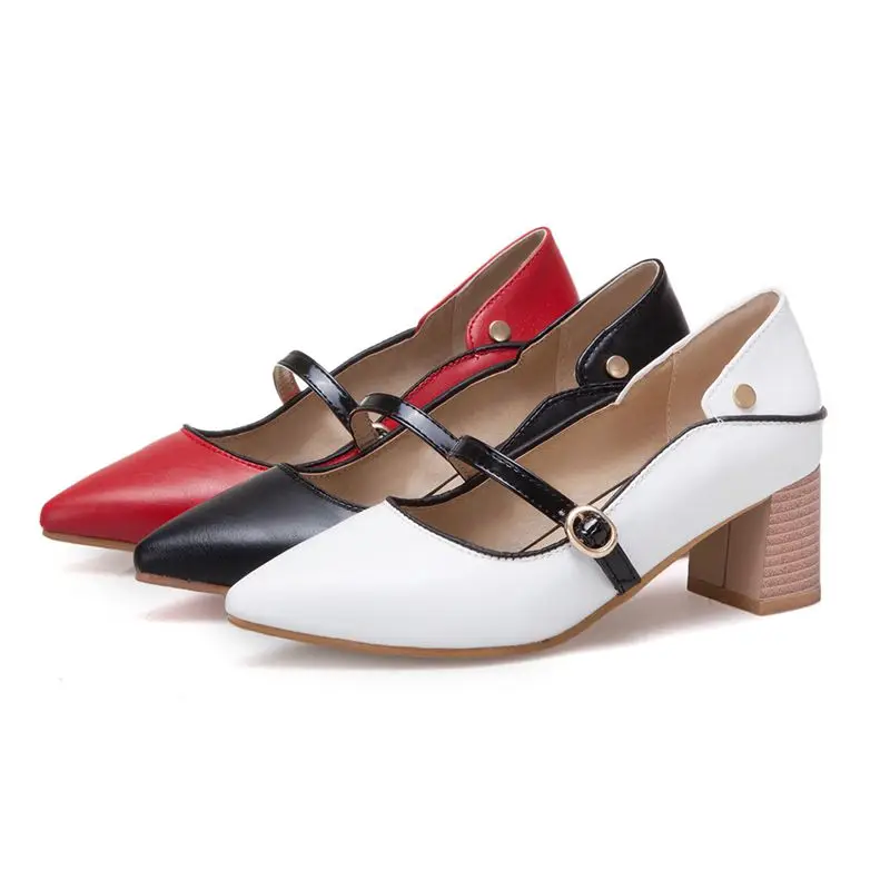 SIMLOVEYO Sexy Office Pumps Pointed Toe Chunky Heel 5cm Buckle Strap Color Mix Extended Sizes 47 48