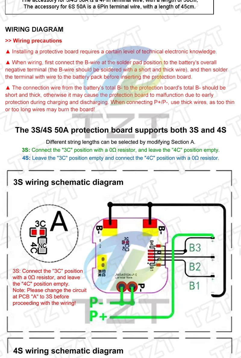 1/3 Stück TZT 3S 4S 6S 12V 16,8V 24V 50A BMS Ternäre Li-Ionen-Lithium-Batterie-Schutzplatine mit Temperaturschutz – Detail 2