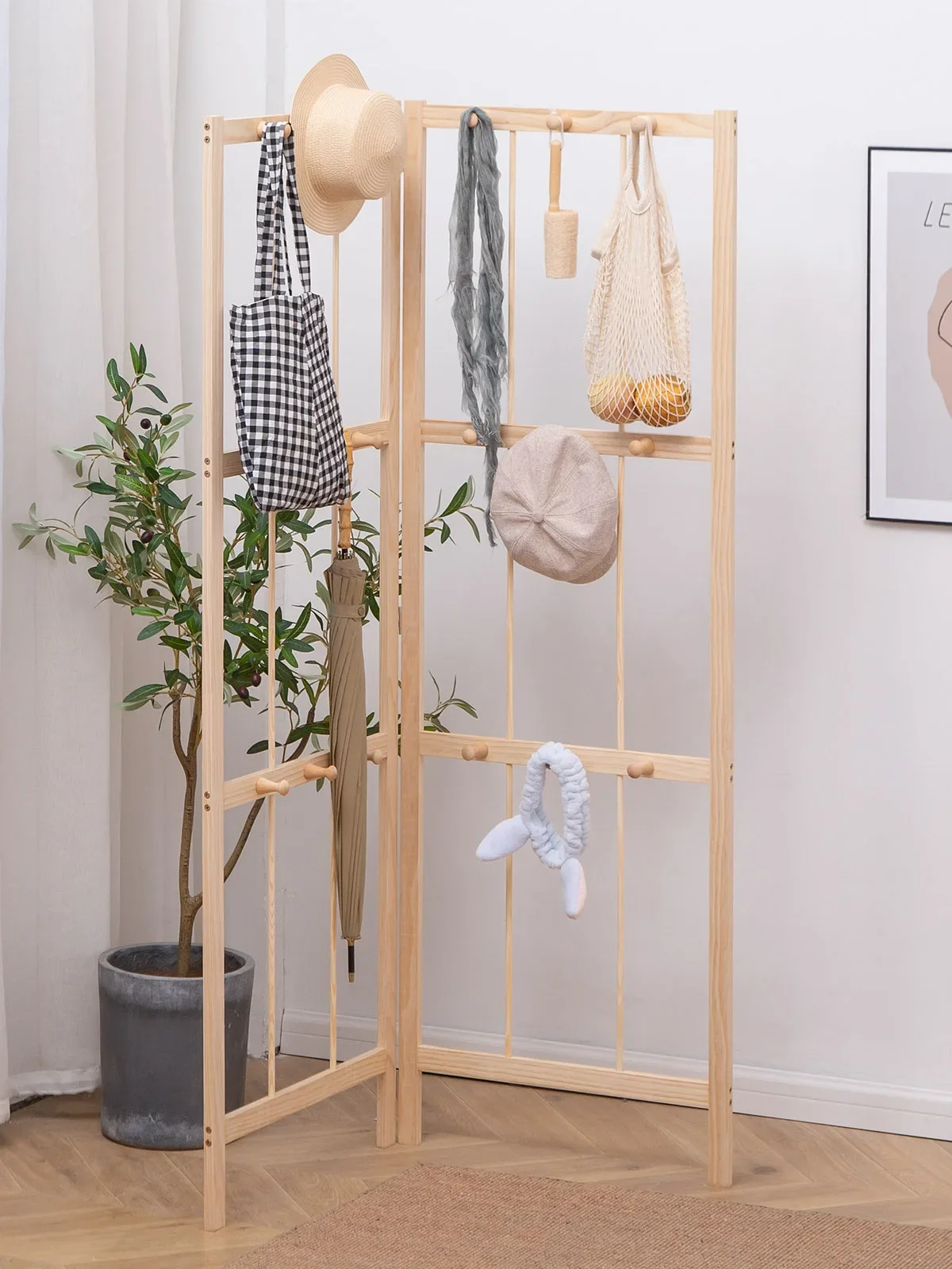 Corner coat rack folded against the wall, solid wood screen, partition living room, corner rack, floor shelf, ultra-thin hanger