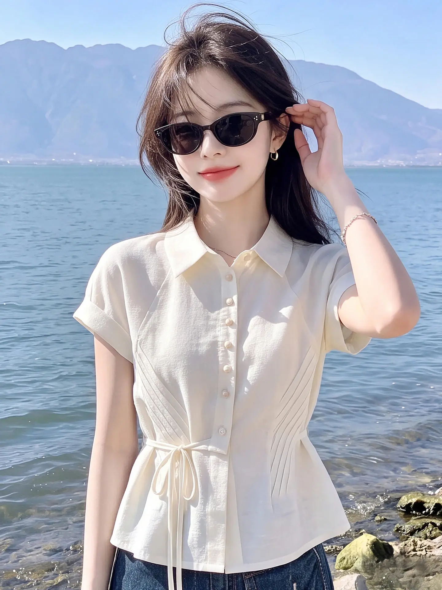 Korean Style  Collar Short Sleeve Shirt Women's Fashionable Summer Slimming Waist Cinched Meat Covering Versatile Top