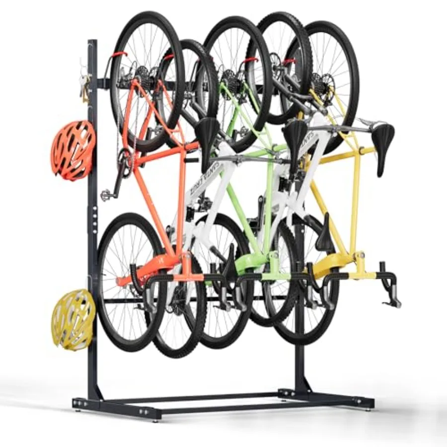 

52 Freestanding 5 Bikes Storage Rack Heavy Duty Garage Vertical Storage Rack for Storage w/Upgrade Hooks Bike Floor Stand Indoo