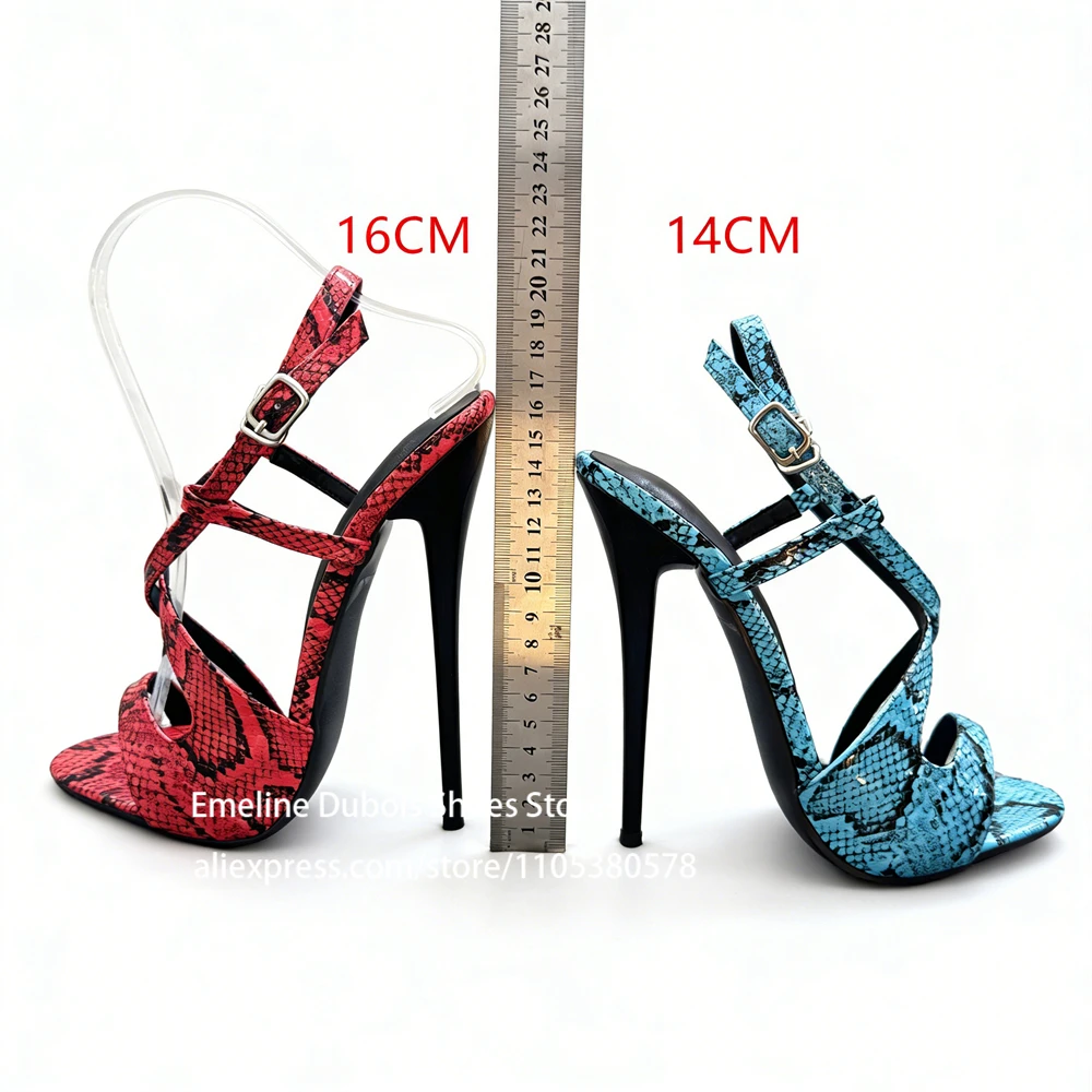 16cm Peep Toe High Heeled Sandals Snake Pattern Designer Style High Heel Shoes Cross Ankle Strap Buckle Summer Shoes for Women 6