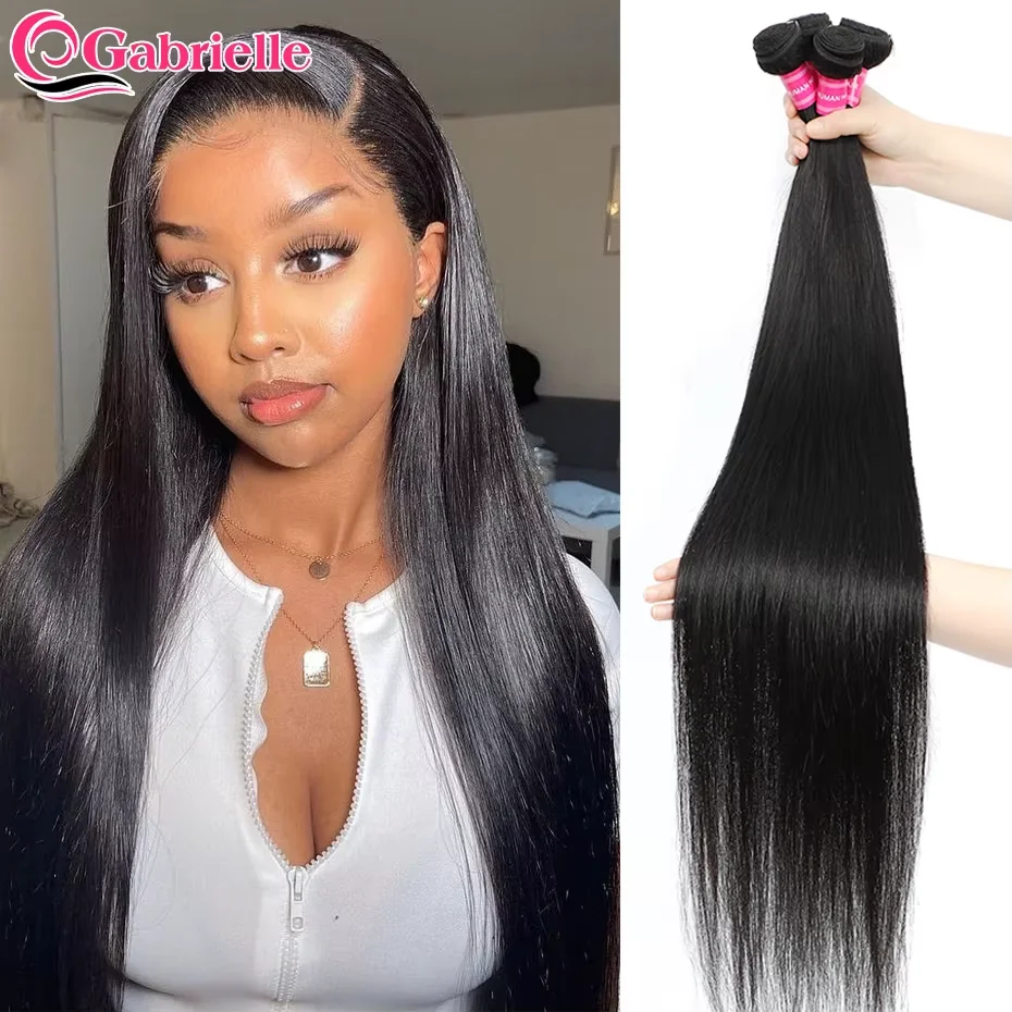 Gabrielle Brazilian Straight Hair Bundles 30 32 34 Inch Natural Color Cheap Human Hair Weave Bundles Remy Hair Exensions