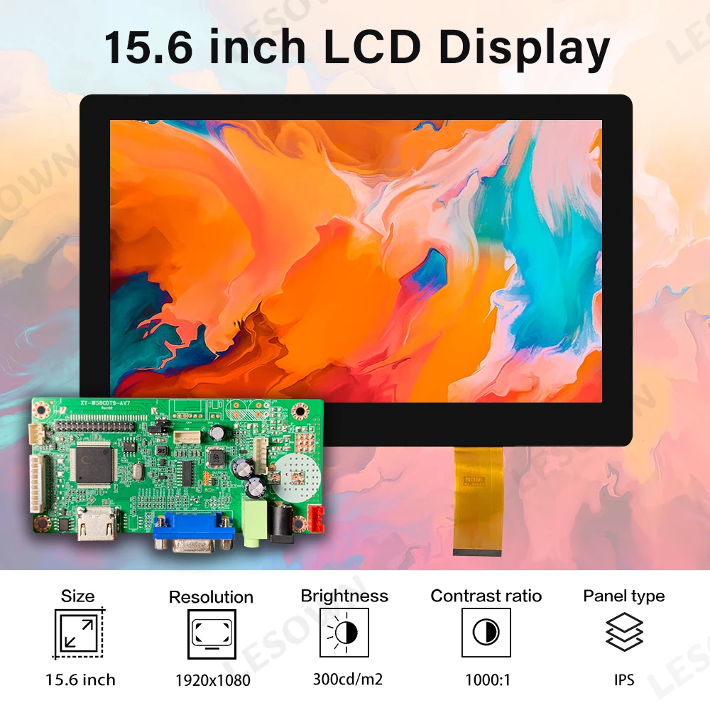 LESOWN 15.6 Inch Industrial Touch Display 1366x768 LCD Monitor Capacitive Screen G+G Glass Panel Embedded Control HDTV VGA