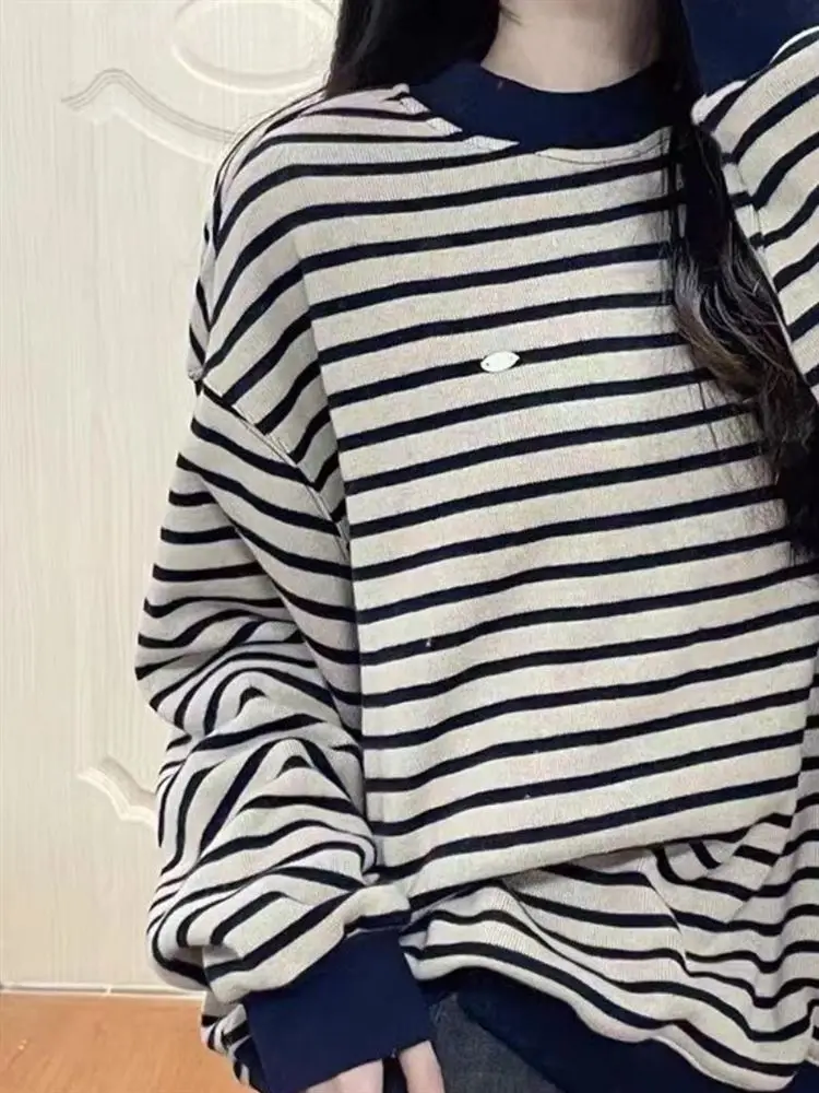 Chic Vintage Hong Kong Style Striped round Neck Sweatshirt Women's Spring Autumn Thin Loose Casual Long Sleeve Top Coat