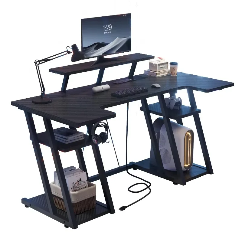 Modern U Shaped Computer Desk with Power Socket LED Light Home Office Workstation Study PC Gaming Desk with Storage Shelves