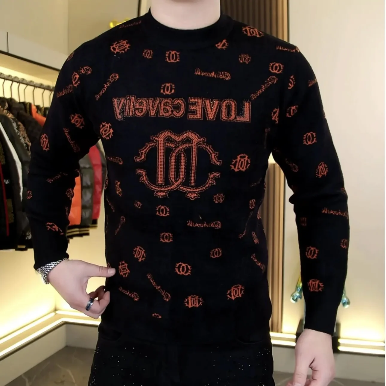 

Faionable Men's round Ne Velvet Knitted Sweater Winter New Sle Elastic Slim Fit Diamond Embroidery Base irt Casual Wear