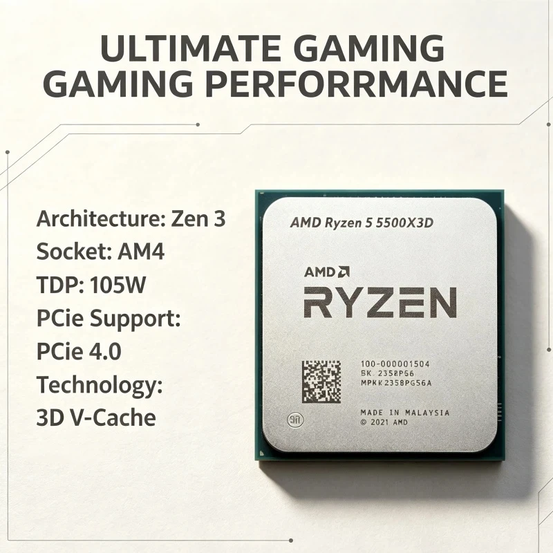 AMD Ryzen 5 5500X3D Processor AM4 Upgrade Path 7NM 3D V-Cache 96MB L3 105W Desktop CPU