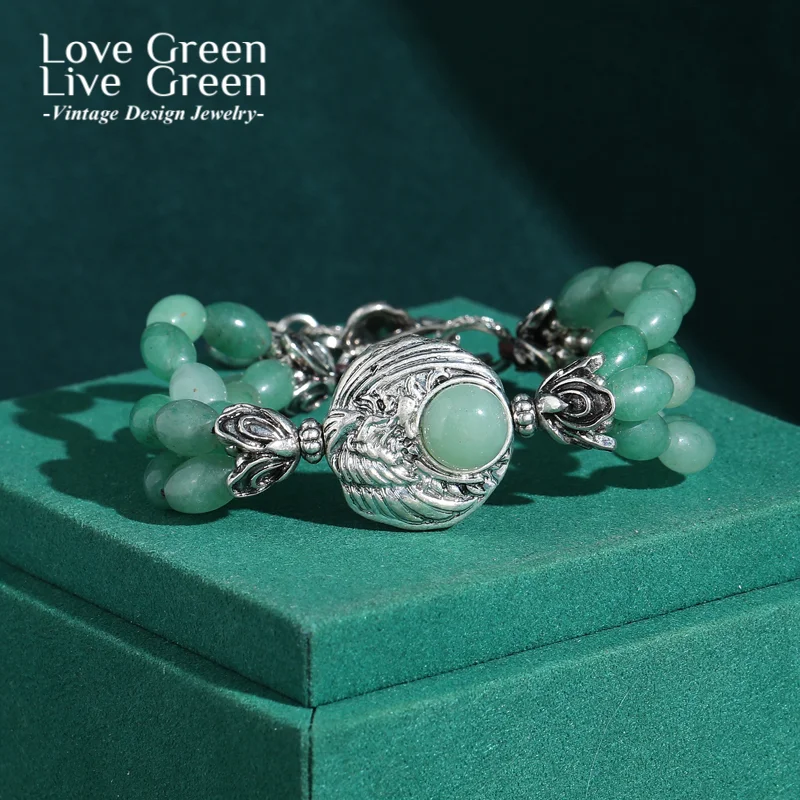 

Vintage Green Beads Jade Bracelet Natural Antique Silver Color Fish Jewelry Luxury Designer 2025 Women Accessories Mother Gift