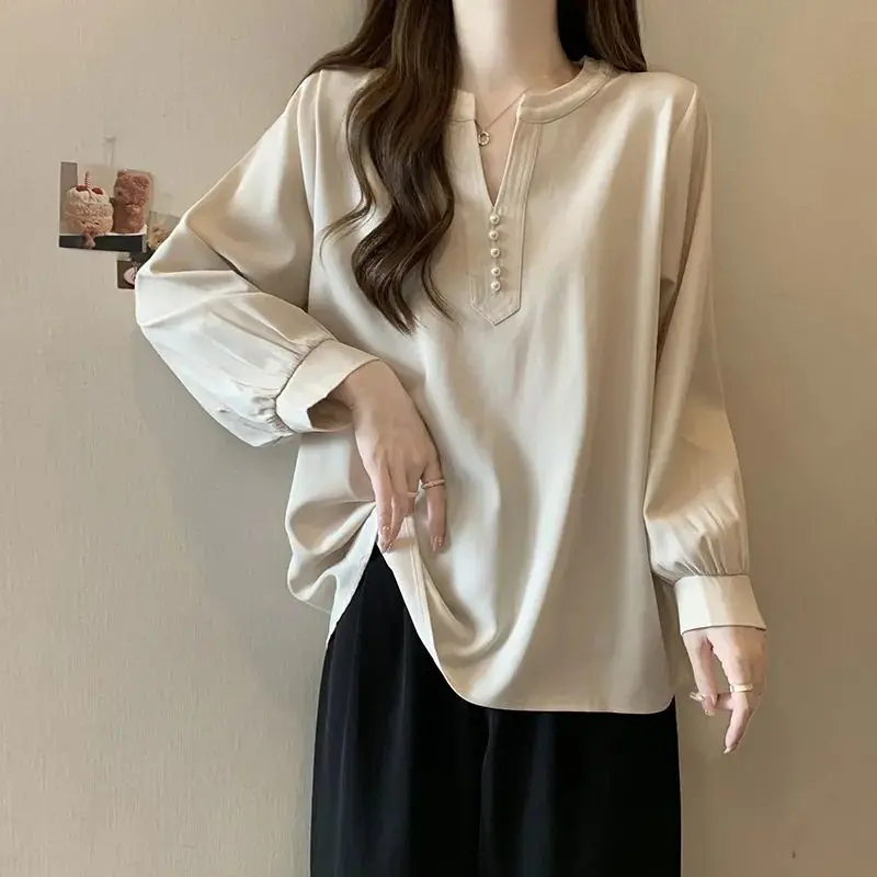 

Commute V-Neck Stylish Beading Shirt Female Clothing Solid Color Spring Autumn Spliced Long Sleeve Basic Casual Loose Blouse New