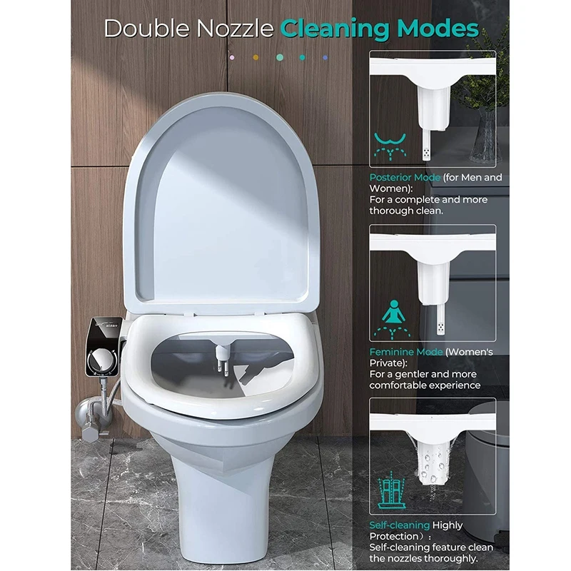 Bidet Toilet Seat Attachment Ultra-Thin Non-Electric Self-Cleaning Dual Nozzles Wash Cold Water