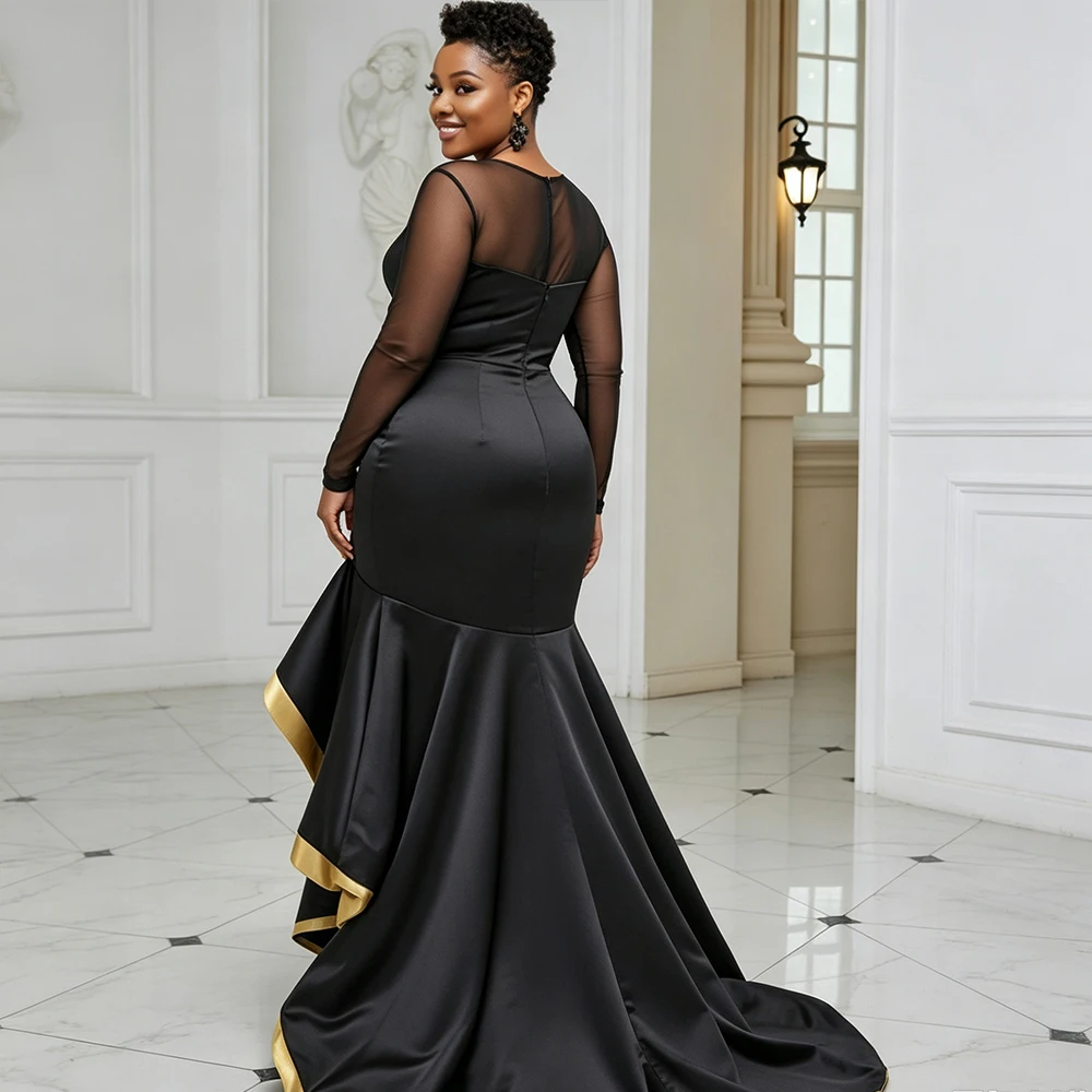 Plus Size Women Satin Evening Dress Sheer Long Sleeve Round Neck Gold Trim Ruffle High Slit Formal Wedding Guest Party Dress