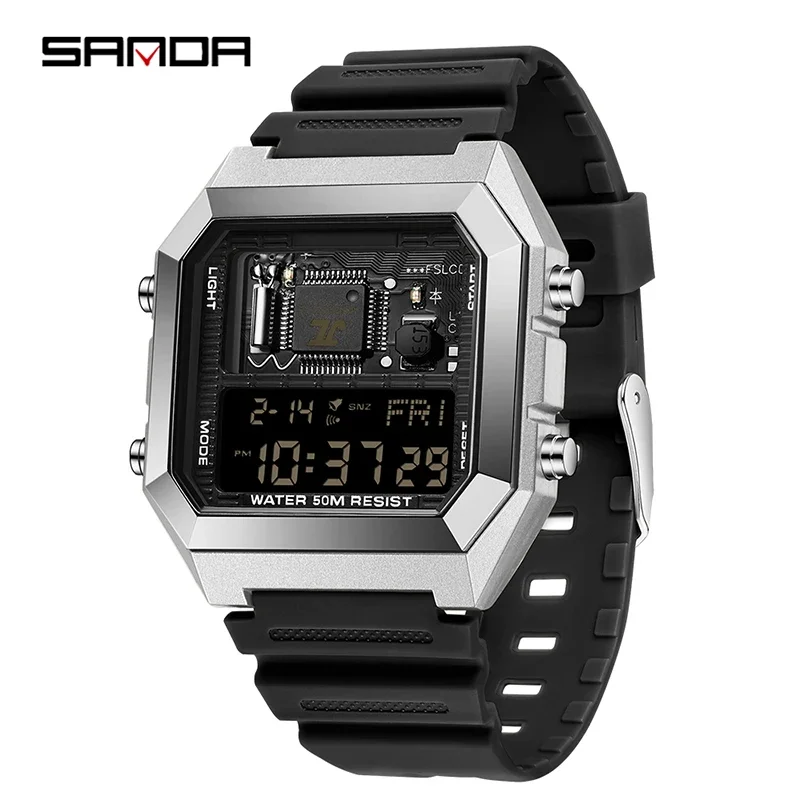 SANDAD 6216 Men's Electronic Watch Square Multifunctional Chronograph Date Silicone Strap Digital Display Wrist Watches for Male