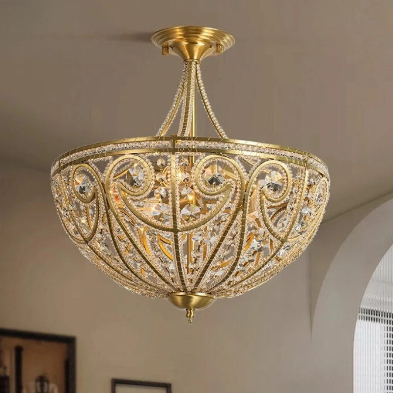 

European Luxury Rotundity All Copper/iron Art LED Ceiling Lights Retro Living Room Bedroom Hotel Restaurant Crystal Hanging Lamp