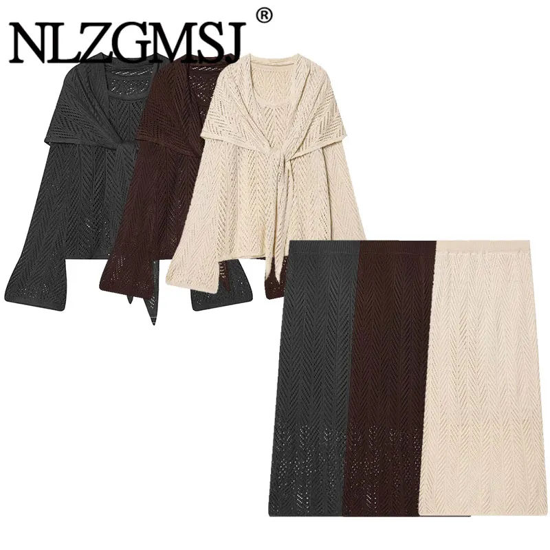 

TAFAFXY 2026 Весенние женские комплекты: вязаные пуловеры с длинным рукавом, круглым вырезом и вырезами, свободные свитера, юбка миди, повседневные костюмы