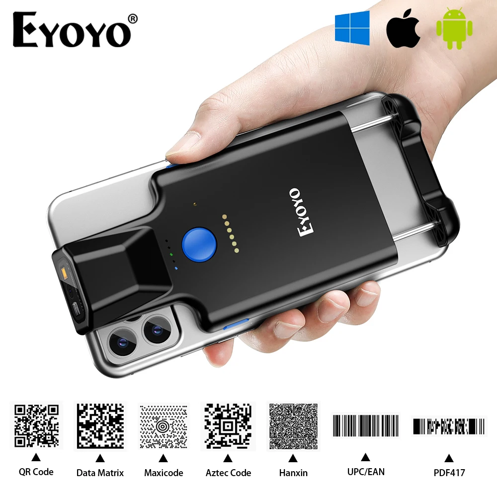 Eyoyo tragbare 1d/2d Rückseite Clip Bluetooth Barcode-Leser funktioniert mit Telefon, qr Bild Maxicode pdf417 Bildschirm Scanner 1600mah Batterie