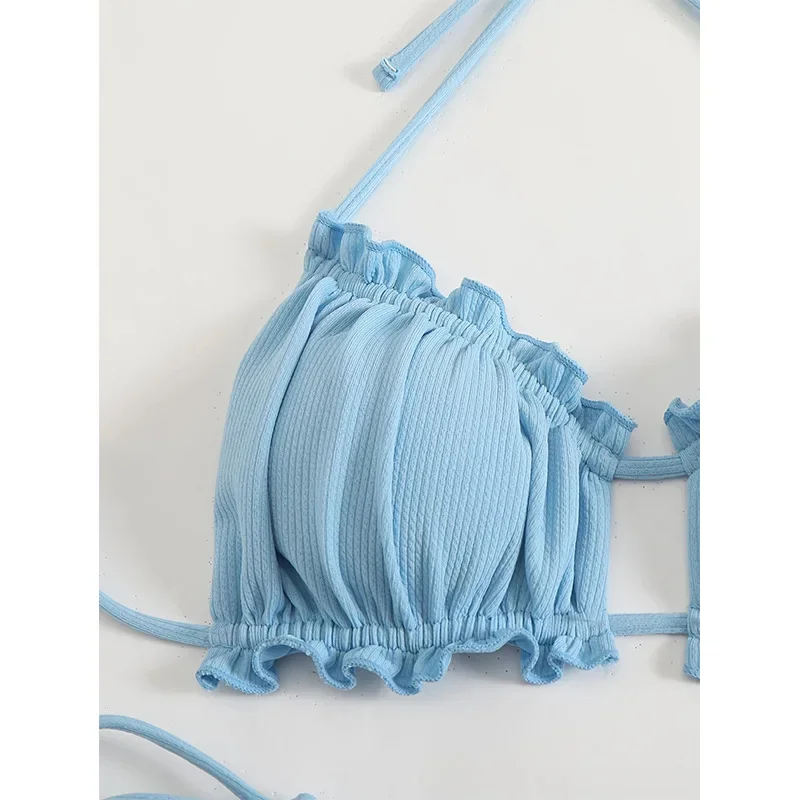 

Синий микро-бикини, новинка 2024, бразильское бикини, бандо, стринги, купальник, женский купальный костюм в рубчик, женская летняя пляжная одежда