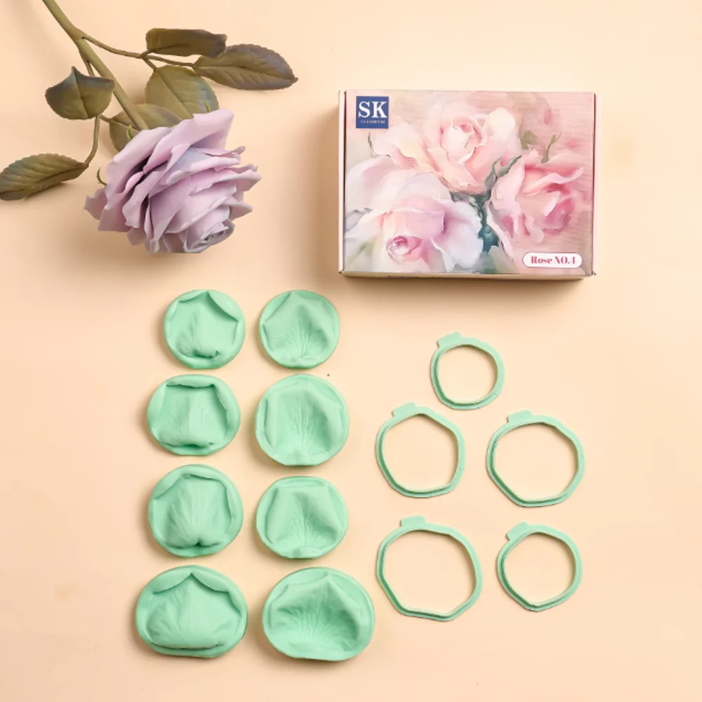 New Pattern Sugar,Fondant Rose Flower Mold Set 13pcs/Set Rose Flower Petal Silicone Veining Mold With Plastic Cutters Set