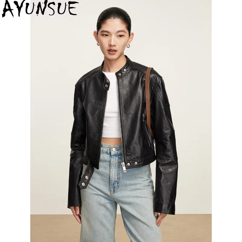 AYUNSUE Women's Real Leather Jacket Fashion Short Motorcycle Outerwear Retro Oil-wax Sheepskin Jackets Woman Clothes Jaqueta