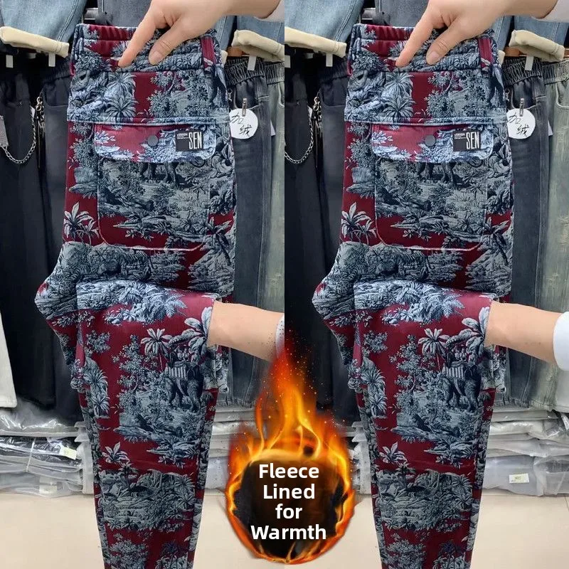 

Мужские зимние утепленные повседневные брюки с вышивкой, прямые, свободные, в стиле Harlan, модные, универсальные, из полиэстера