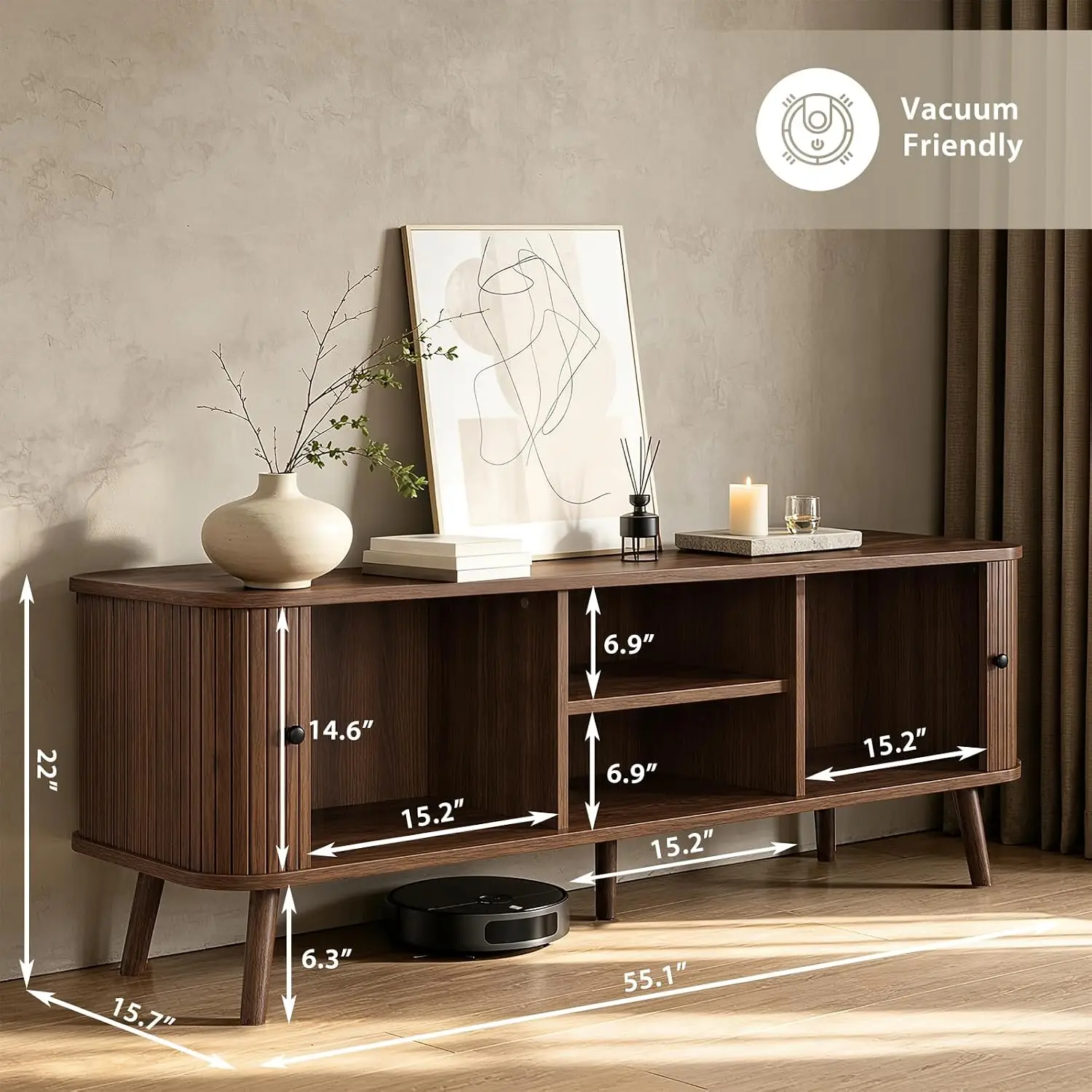 Mid Century Modern TV Stand for 65 Inch TV, Walnut TV Console with Storage | Fluted Sliding Doors, Heavy-Duty 200, Customized